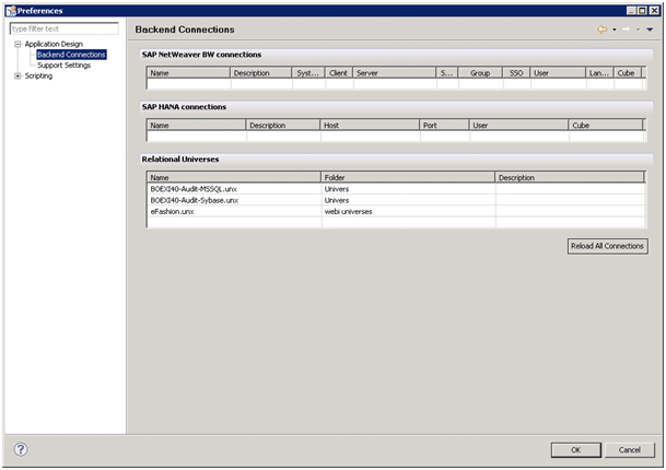 Connexions disponibles SAP Design Studio