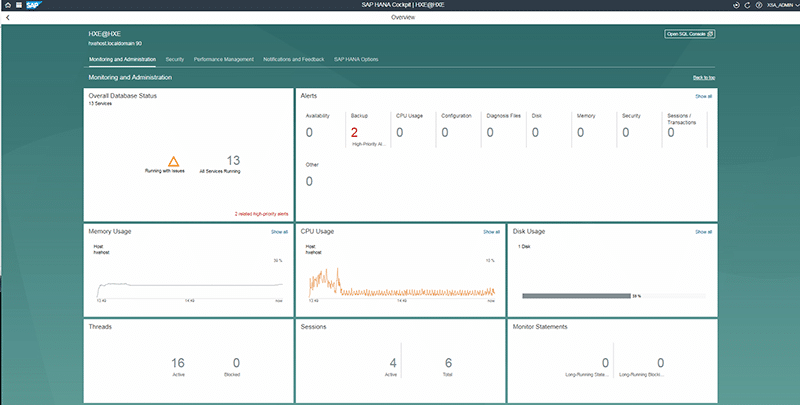 Console d'administration web HANA Studio