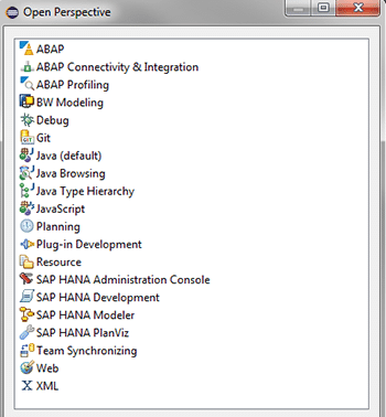 Perspectives disponibles HANA Studio