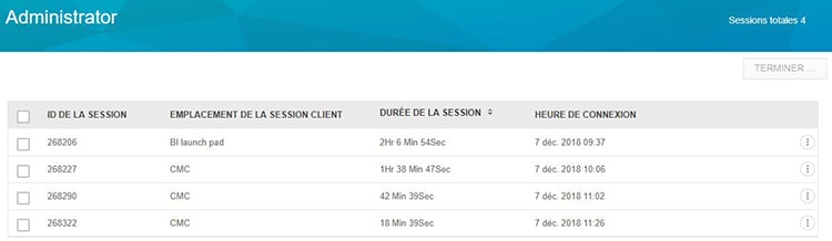 Liste des sessions ouvertes