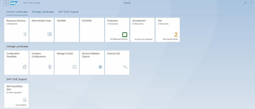 Interface de SAP HANA Cockpit