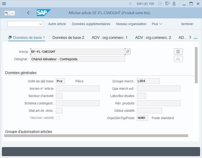 Modification d'un article dans le groupe de marchandises sur SAP BW