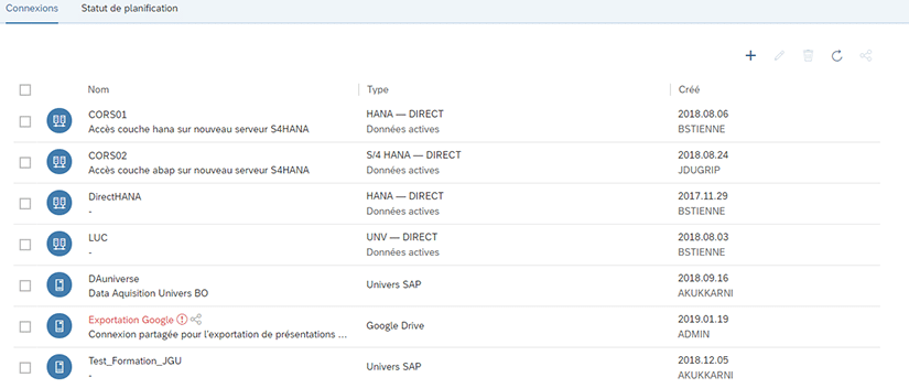 Aperçu des connexions existantes dans SAP Analytics Cloud