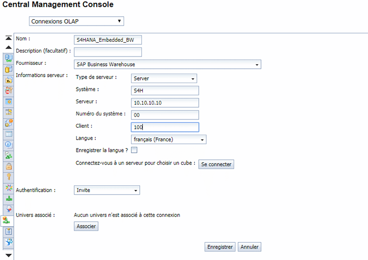 Création connexion OLAP SAP BW