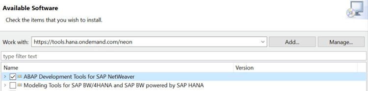 Etape 1 de l'installation de l'add-on ABAP HANA Studio