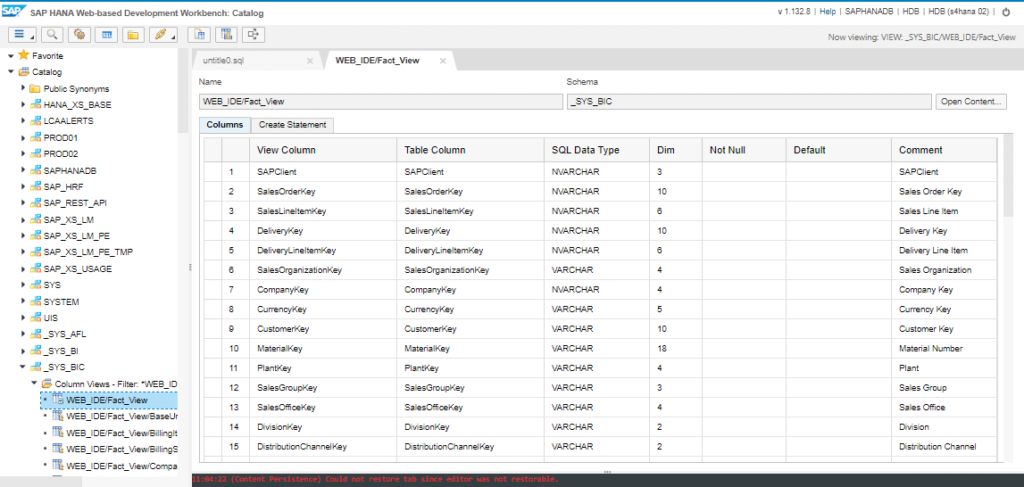 Catalogue SAP HANA web Based Development Workbench