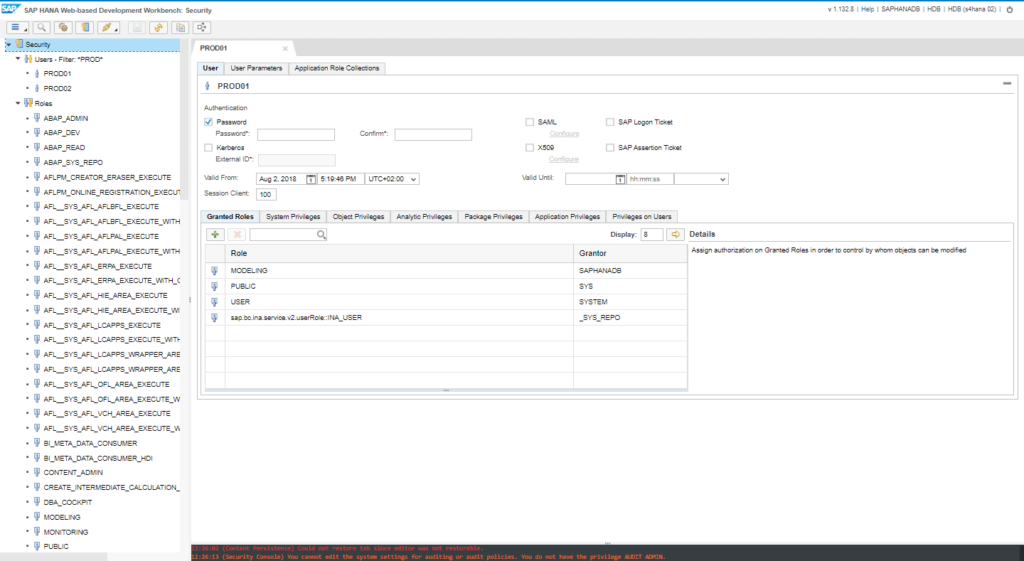 Sécurité SAP HANA web Based Development Workbench