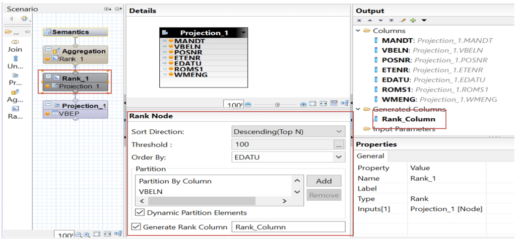 Options opération rank Calculation View