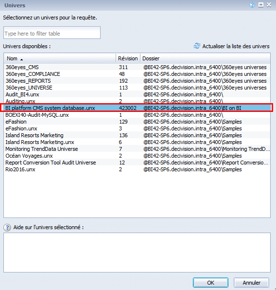 Univers BI platform CMS system database