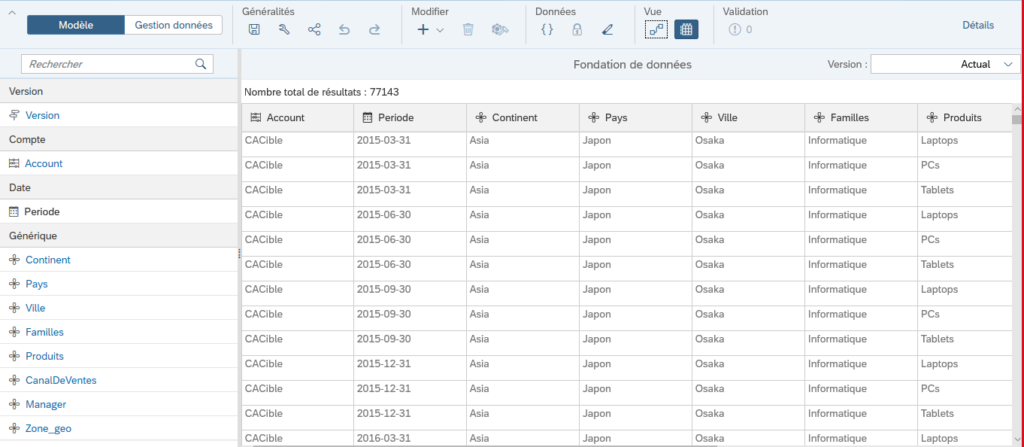 Vue Fondation dans SAP Analytics Cloud