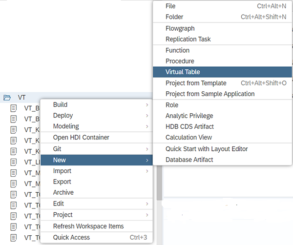 Création d'une table virtuelle sur l'IDE HANA Cloud