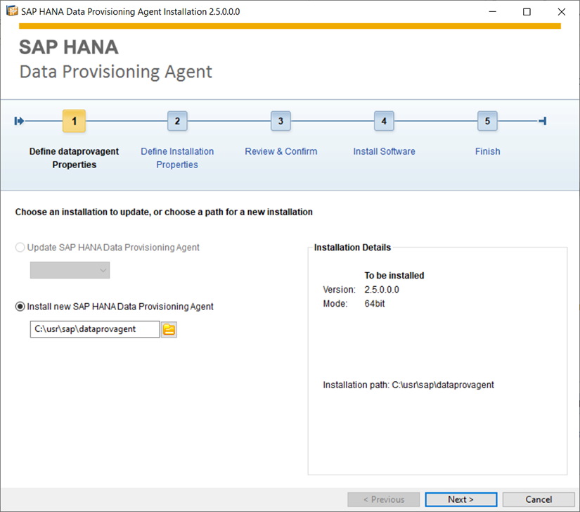 Etape 1 de l'installation de Data Provisioning Agent