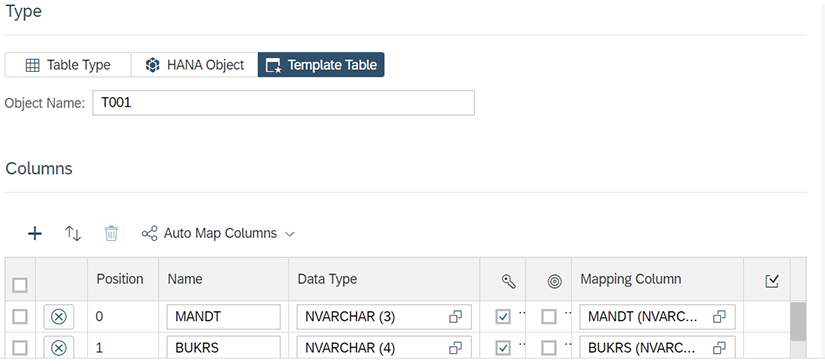 Onglet Template Table