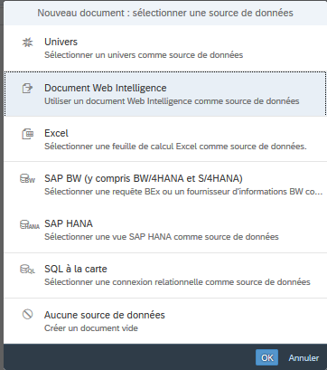 Sélection de la source de données Web Intelligence