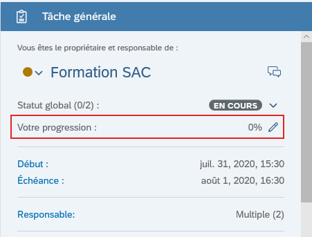 Avancement d'une tache dans le GANTT SAP Analytics Cloud