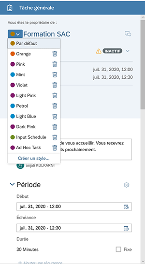 Customisation d'une tache dans le calendrier SAP Analytics Cloud