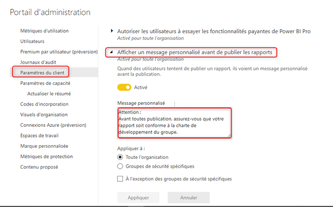 Paramétrage publication personnalisée powerbi