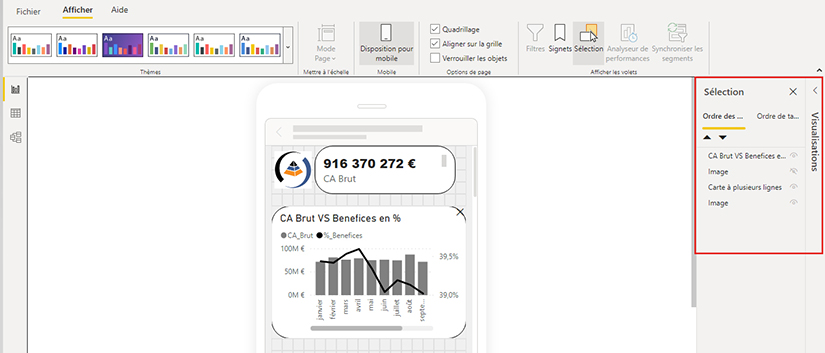 Volet de sélection en vue mobile sur Power BI