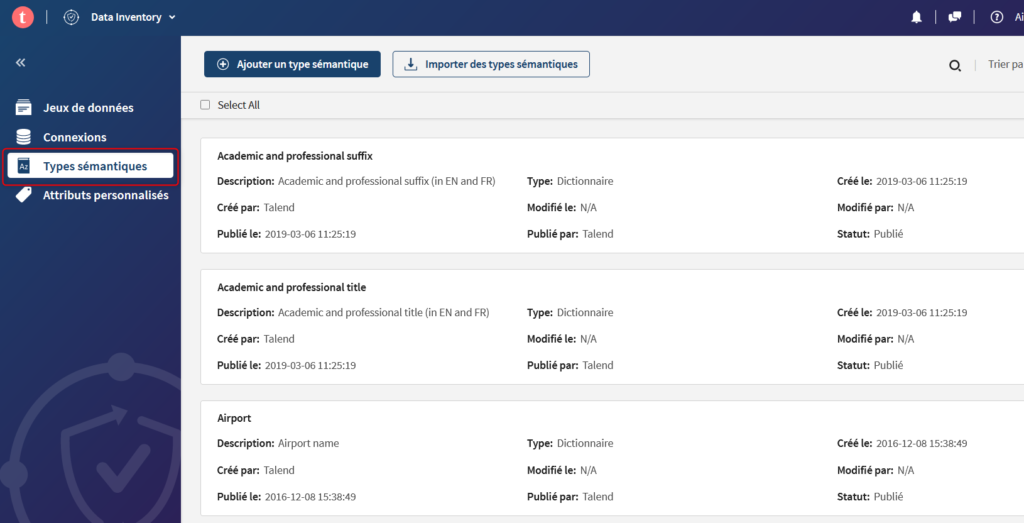 Talend Data Inventory Types Sémantiques