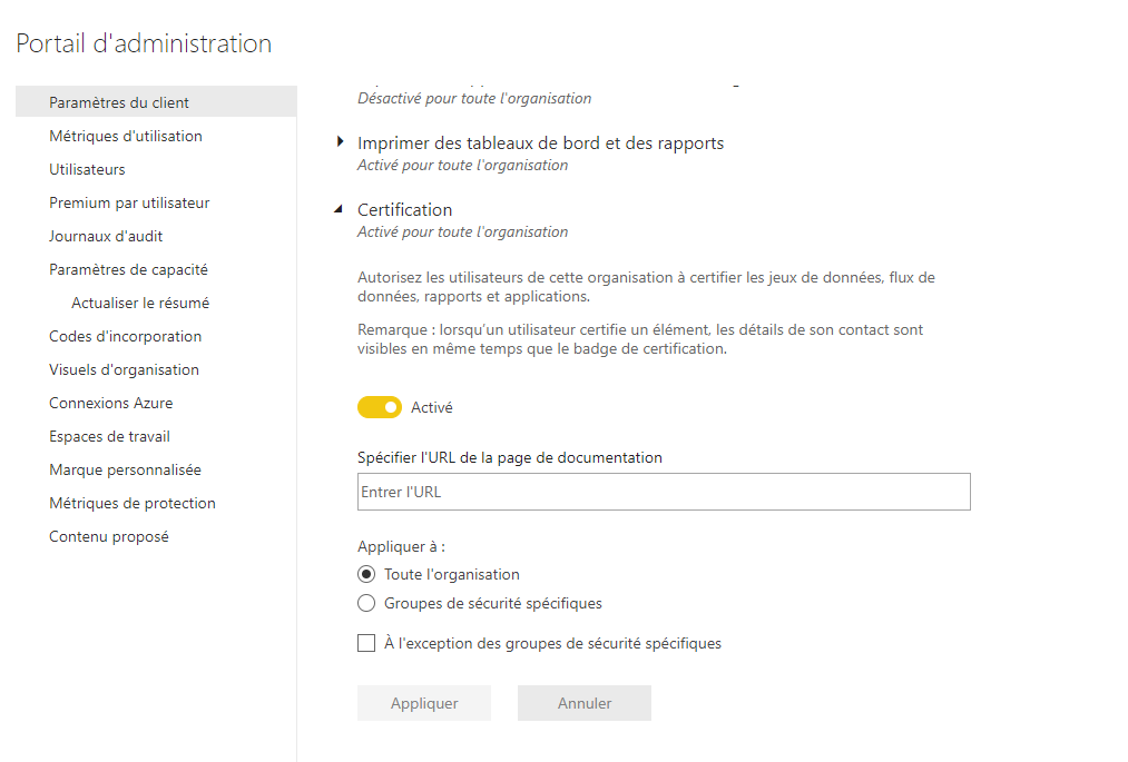 Portail d'administration Golden Dataset - Power BI