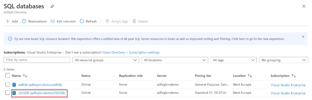 Connexion Catalogue SSIS Cloud Azure