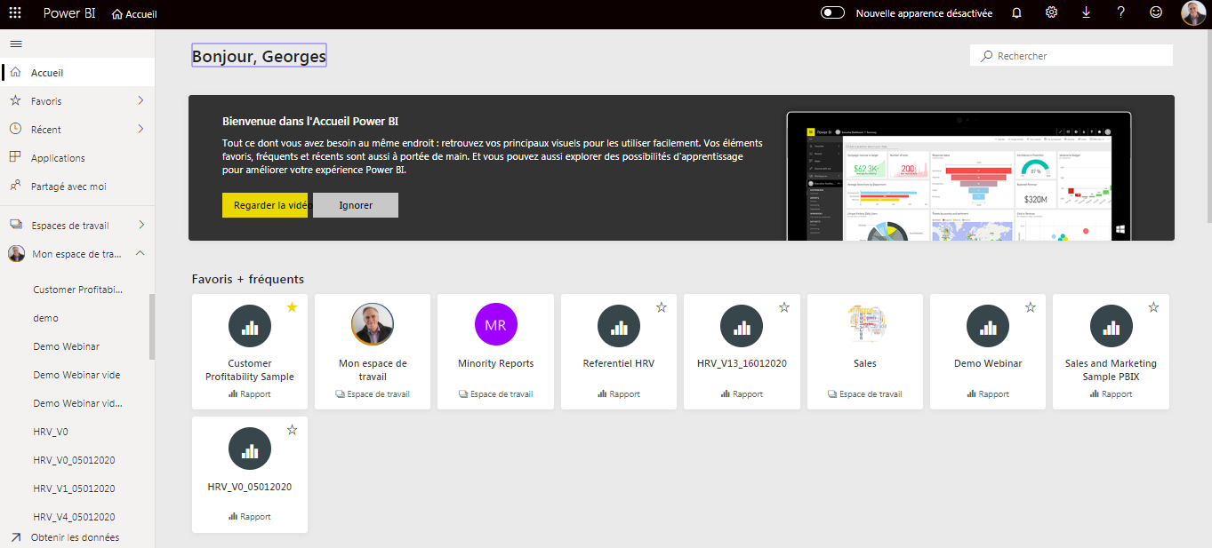 Page d'accueil personnalisée de Power BI Service avec les favoris et espaces de travail