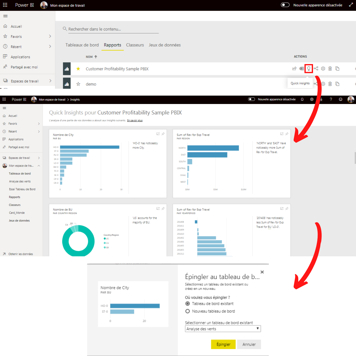 Fonctionnalité Quick Insights générant des visuels automatiques et option d'épinglage au tableau de bord