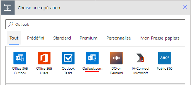 Choisir l'opération outlook - Power Automate