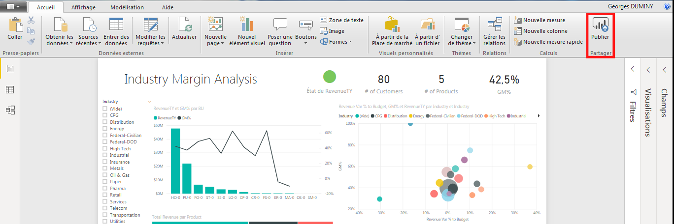 Bouton Publier dans Power BI Desktop pour envoyer le rapport vers le Service
