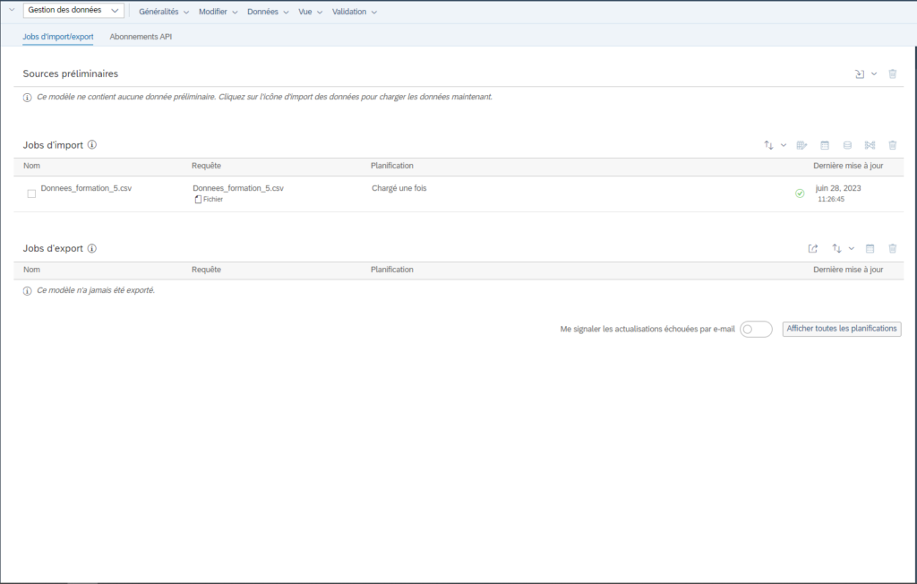 Interface de gestion des données - SAP Analytics Cloud
