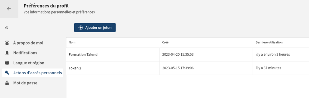 Préférences profil - Ajouter jeton - TMC