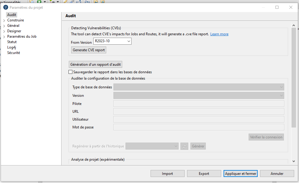 Ecran de configuration audit studio Talend