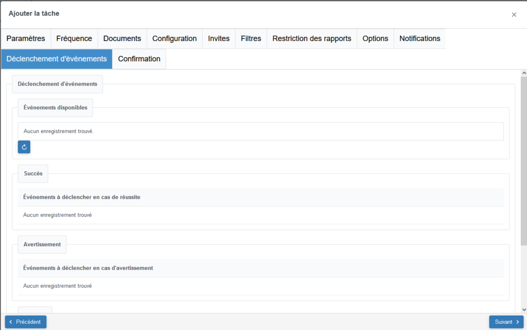 Onglet déclenchement d'évènements