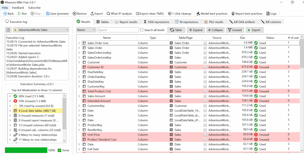 Scan des mesures non utilisées Measure Killer dans Power BI