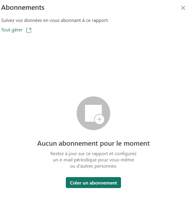 Écran de configuration d’un abonnement Power BI : définition du nom, des destinataires et de la fréquence d’envoi des rapports.