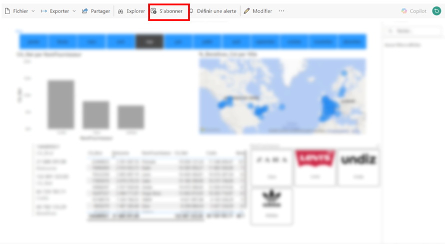 Capture illustrant l'accès à la fonctionnalité d'abonnement dans Power BI Service, première étape pour automatiser l’envoi des rapports par courriel.
