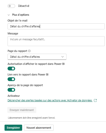 Interface permettant de choisir des pages spécifiques d’un rapport Power BI à inclure dans l’abonnement pour un envoi ciblé.
