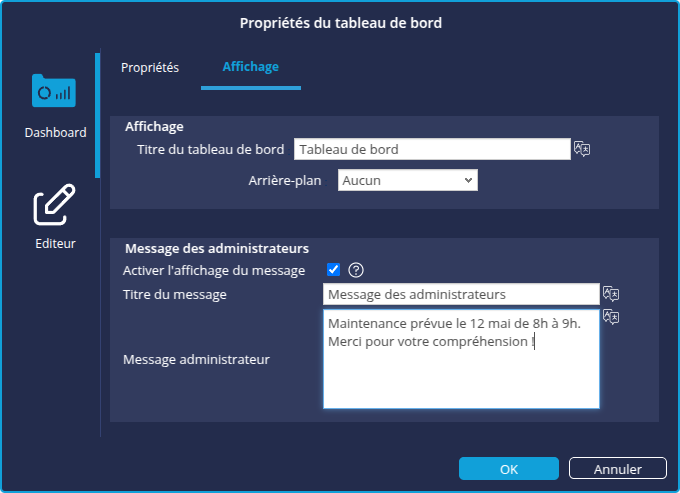 Configuration de l'affichage d'un message à la connexion