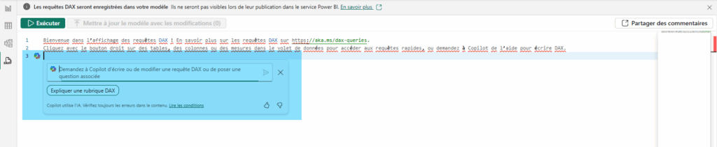 Interface de Copilot dans la vue DAX de Power BI Desktop, permettant la génération ou l’explication de formules DAX complexes de manière intuitive.