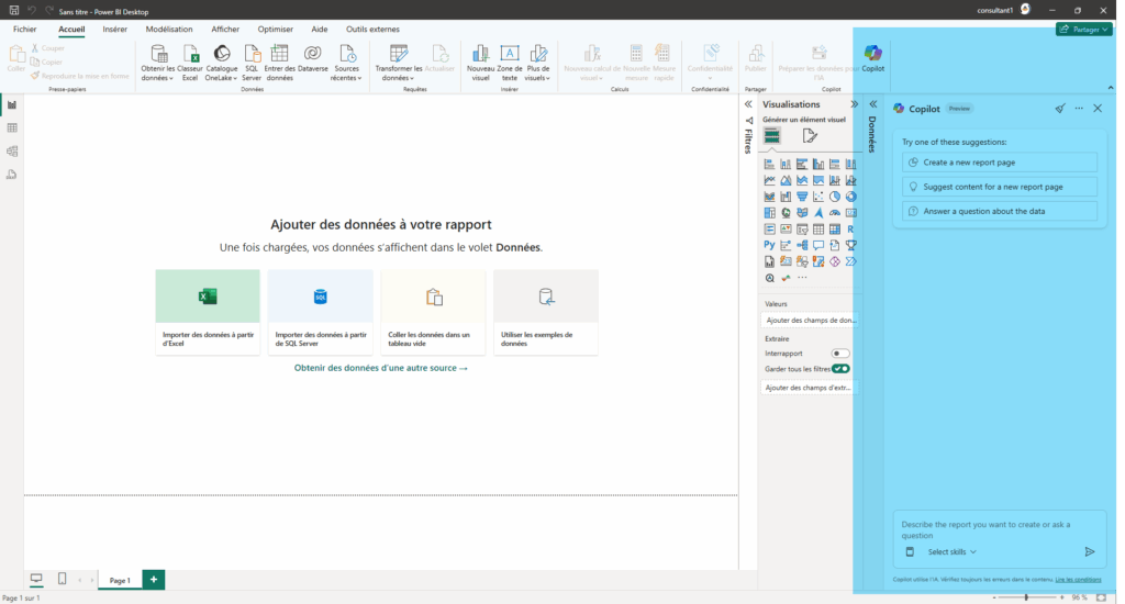 Vue du volet Copilot dans Power BI Desktop : utilisez des instructions en langage naturel pour générer automatiquement des rapports et visualisations.