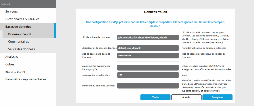 Interface de configuration du module d'audit dans DigDash.