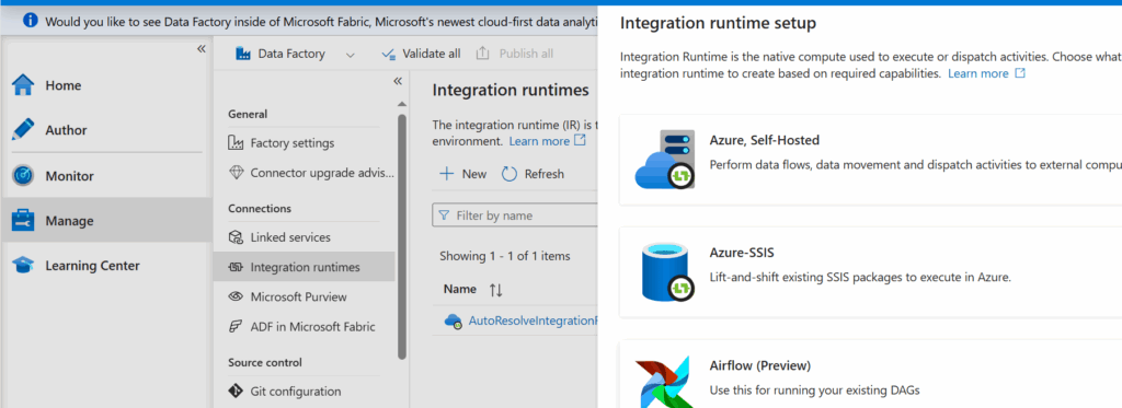 Capture du portail Azure Data Factory montrant la configuration des Integration Runtimes, avec options Azure Self-Hosted, Azure-SSIS et Airflow.