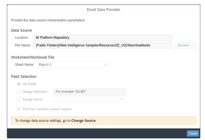 Fenêtre de configuration pour faciliter le changement de source de données Excel dans un outil BI, avec sélection du fichier et des champs.