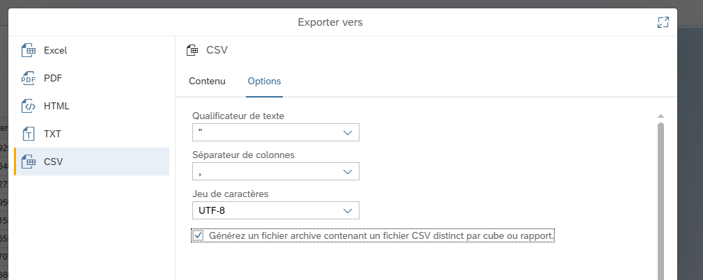 Interface d’export CSV avancé dans un outil BI, permettant de générer une archive contenant plusieurs fichiers CSV distincts par requête ou cube de données.