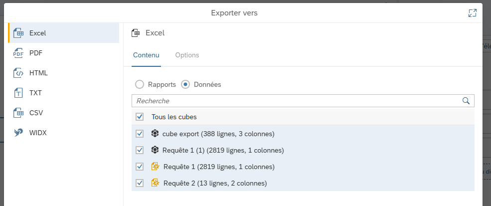 Interface montrant l’exportation des cubes de données en mode « Données » dans différents formats (Excel, CSV, etc.) via un outil BI.