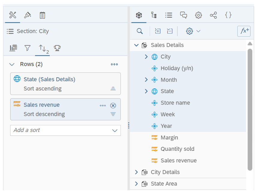 Capture d’écran montrant l’amélioration des sections dans un outil BI, avec options de tri et de filtrage par dimensions externes.