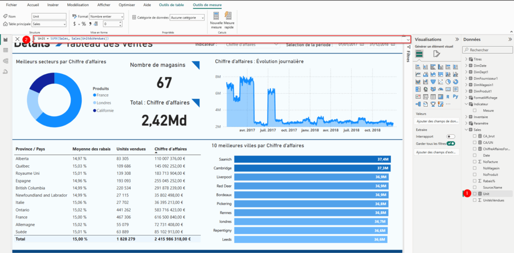Capture d'écran du calcul de la somme des produits vendus avec Power BI