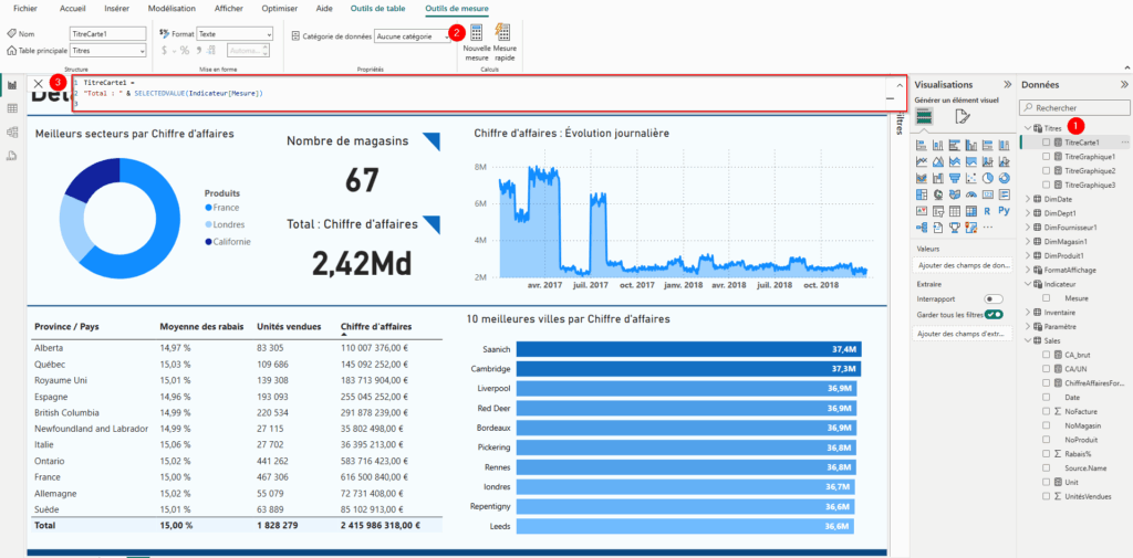 Capture d'écran de la création d'une nouvelle mesure avec la formule DAX avec Power BI