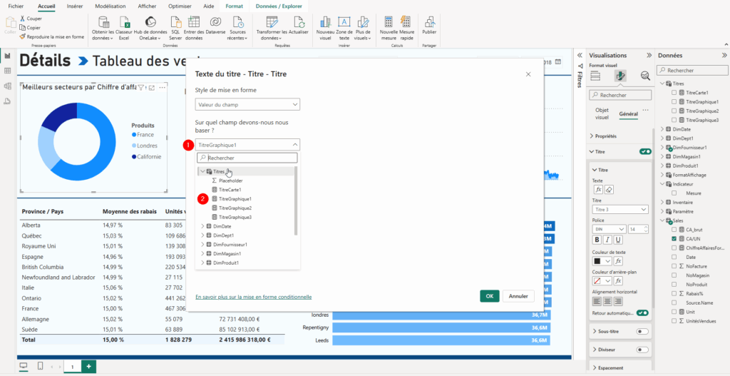 Capture d'écran de la sélection de la mesure associée au graphique avec Power BI