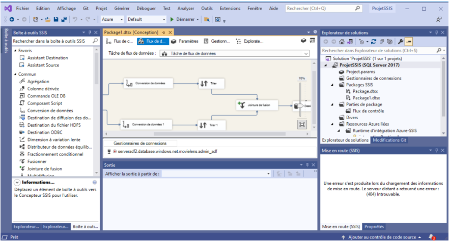 Exemple d’un package SSIS ouvert dans Visual Studio, illustrant un flux de données avec conversions, tris et jointures pour SQL Server.